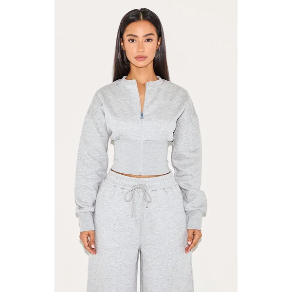 Gris Chiné Sweat Zippé Petite À Ourlet Élastiqué