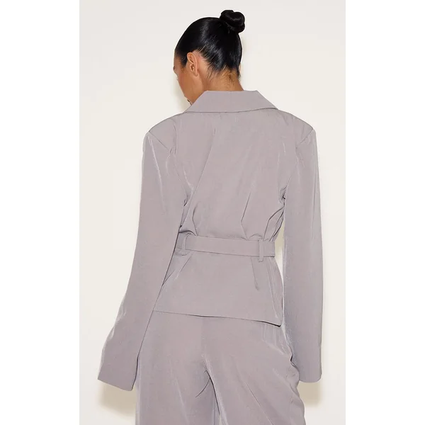 Gris Ensemble Coordonné Trench Court Ajusté En Tissu Tissé