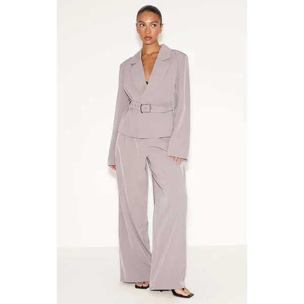 Gris Ensemble Coordonné Trench Court Ajusté En Tissu Tissé