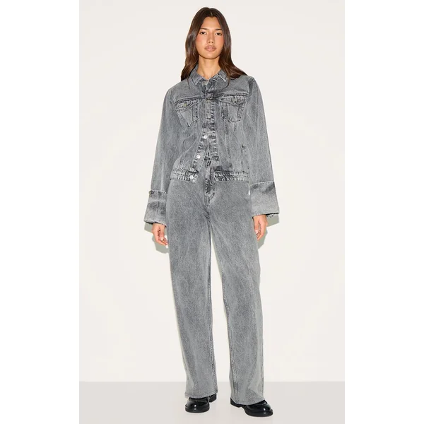 Gris Glacier Veste En Jean Cintrée Dos Avec Revers Retroussés