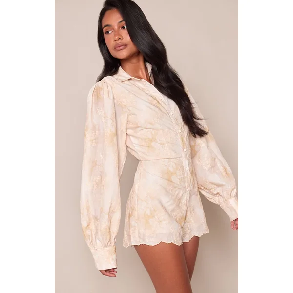 Gris Pierre Combi-short À Manches Bouffantes En Broderie Anglaise