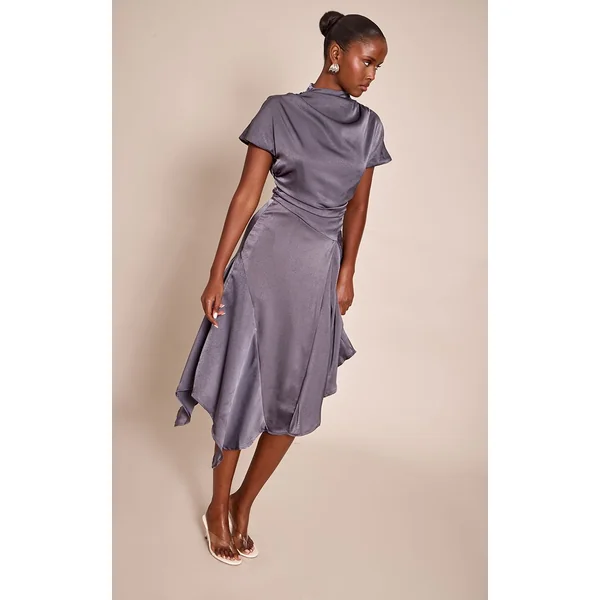 Gris Robe Mi-longue En Satin Drapé À Ourlet Mouchoir Asymétrique