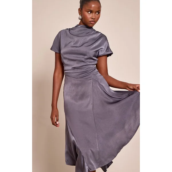 Gris Robe Mi-longue En Satin Drapé À Ourlet Mouchoir Asymétrique