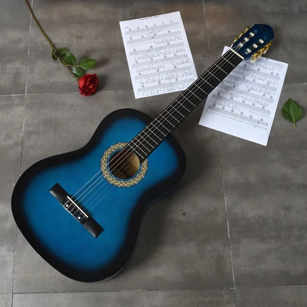 Guitare Acoustique Classique 39 Pouces en Bois de Tilleul et d’Épicéa avec Accessoires 101x36,5x9,8cm, Bleu