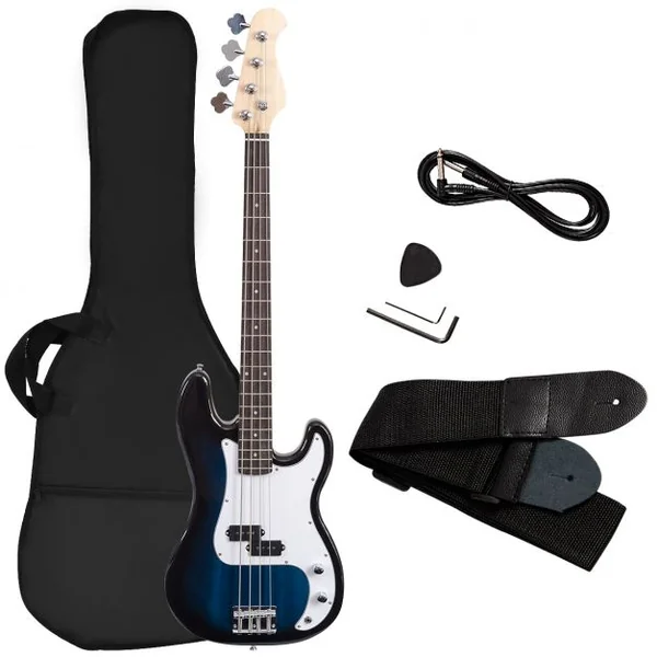 Guitare Basse Électrique en Bois de Paulownia Basse avec Accessoires Sac Sangle Accordeur Câble Médiator 115x33cm Bleu