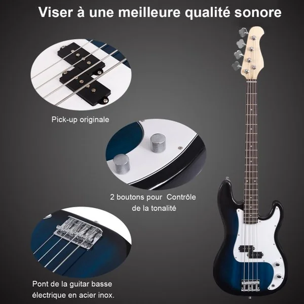 Guitare Basse Électrique en Bois de Paulownia Basse avec Accessoires Sac Sangle Accordeur Câble Médiator 115x33cm Bleu