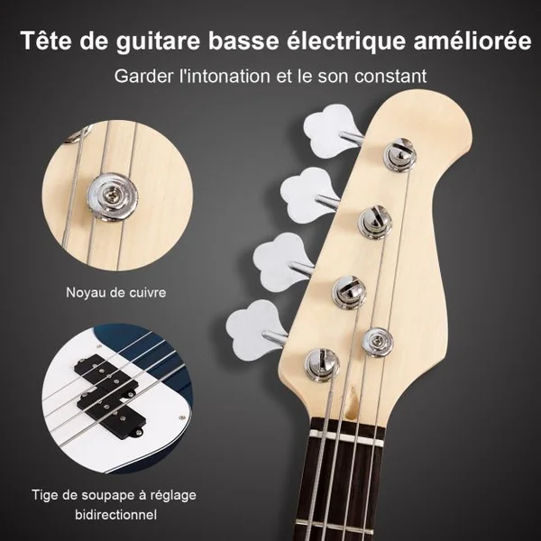 Guitare Basse Électrique en Bois de Paulownia Basse avec Accessoires Sac Sangle Accordeur Câble Médiator 115x33cm Bleu