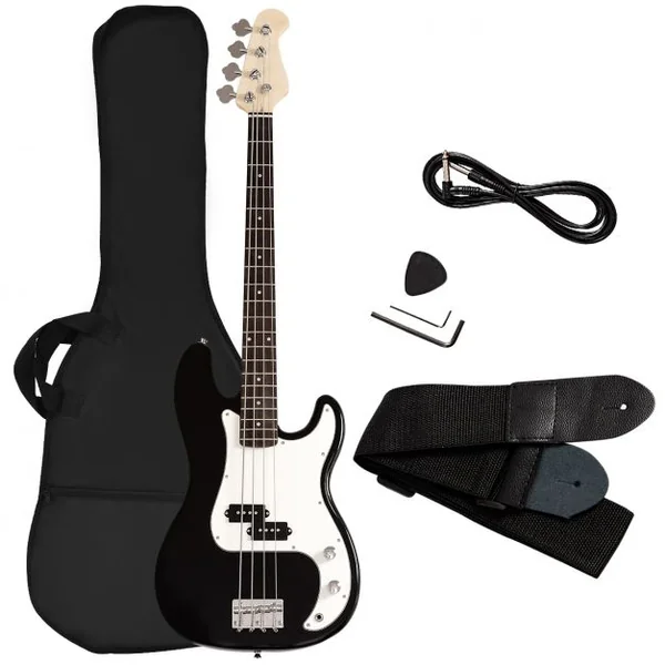 Guitare Basse Électrique en Bois de Paulownia Basse avec Accessoires Sac Sangle Accordeur Câble Médiator 115x33cm Noir