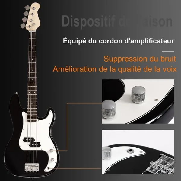 Guitare Basse Électrique en Bois de Paulownia Basse avec Accessoires Sac Sangle Accordeur Câble Médiator 115x33cm Noir