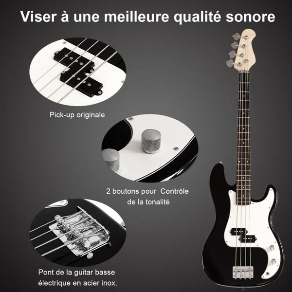 Guitare Basse Électrique en Bois de Paulownia Basse avec Accessoires Sac Sangle Accordeur Câble Médiator 115x33cm Noir