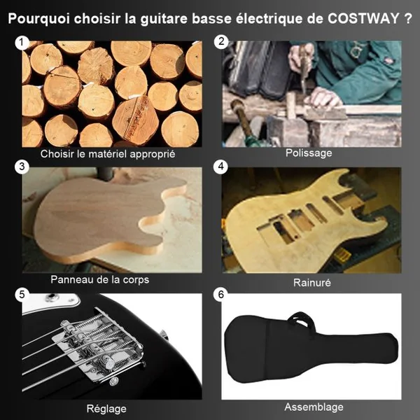 Guitare Basse Électrique en Bois de Paulownia Basse avec Accessoires Sac Sangle Accordeur Câble Médiator 115x33cm Noir