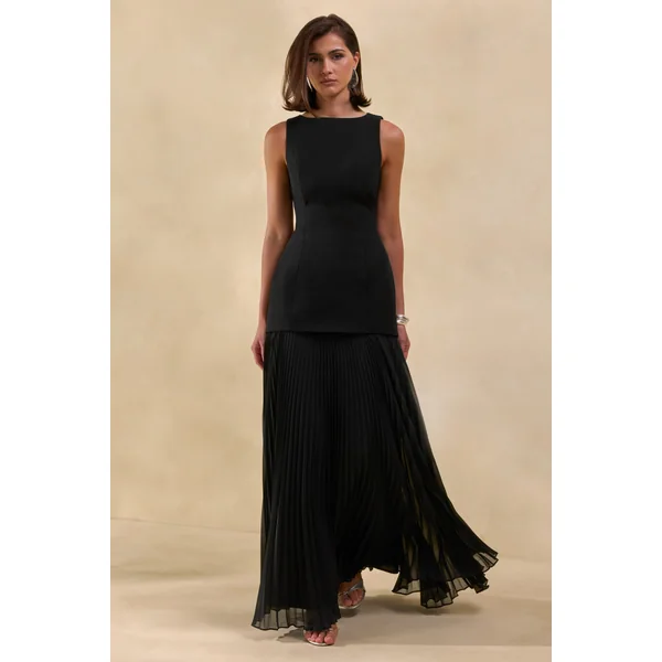 Hadley | Robe Longue Noire à Encolure Bateau et Taille Basse