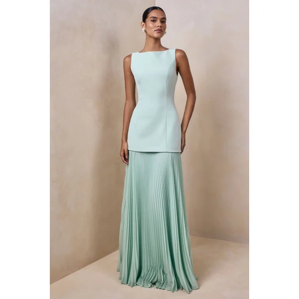 Hadley | Robe longue à encolure bateau couleur sauge avec taille basse