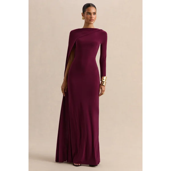 Halina | Robe longue bordeaux à encolure haute avec manche cape