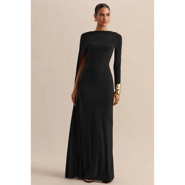 Halina | Robe longue noire à encolure haute avec manche cape