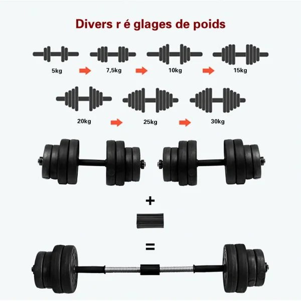 Haltères pour Musculation 2 en 1 Disques Poids Ajustable 30KG Poignée Confortable, pour Fitness Musculation Entraînement
