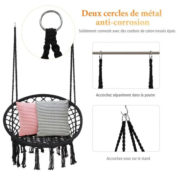 Hamac Suspendue Fauteuil Relax Chaise de Jardin1 Place Capacité 150KG en Coton Noir