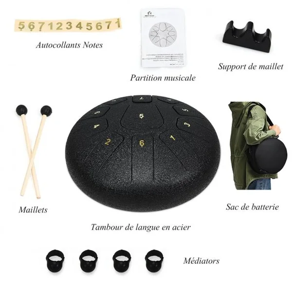 Handpan Tambour de Langue à 11 Tons en Acier de 10 Pouce avec Baguettes Sac 4 Plectres