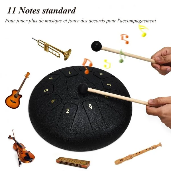 Handpan Tambour de Langue à 11 Tons en Acier de 10 Pouce avec Baguettes Sac 4 Plectres
