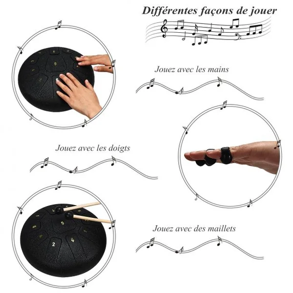 Handpan Tambour de Langue à 11 Tons en Acier de 10 Pouce avec Baguettes Sac 4 Plectres