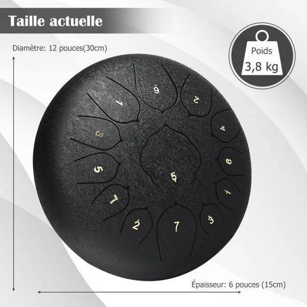 Handpan Tambour de Langue à 13 Tons en Acier de 12 Pouce avec Baguettes Sac 4 Plectres