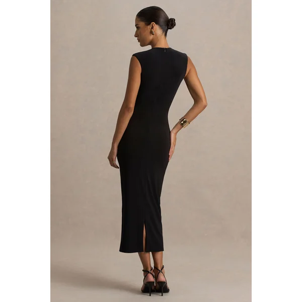 Harlow | Robe mi-longue noire à col montant et jupe portefeuille