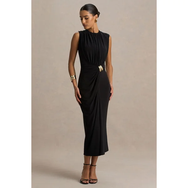 Harlow | Robe mi-longue noire à col montant et jupe portefeuille