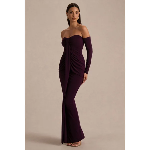 Harper | Robe longue prune à encolure bardot
