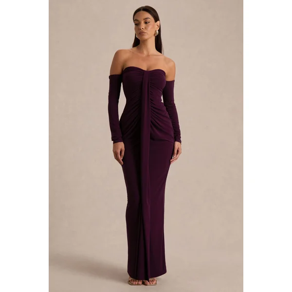 Harper | Robe longue prune à encolure bardot