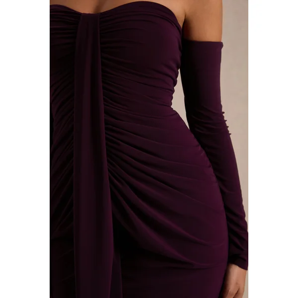 Harper | Robe longue prune à encolure bardot
