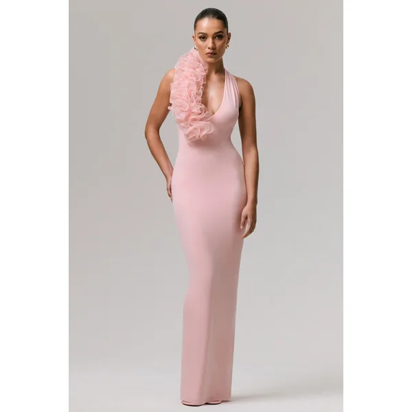 Harriet | Robe Longue Rose à Décolleté Plongeant avec Détail Floral