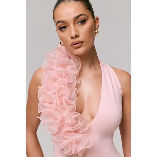Harriet | Robe Longue Rose à Décolleté Plongeant avec Détail Floral