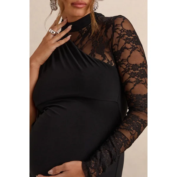 Hartley | Robe Longue de Maternité Noire à Col Montant et Détails en Dentelle