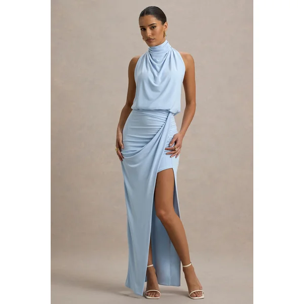 Hayden | Robe Longue Bleue à Col Montant Drapée avec Fente
