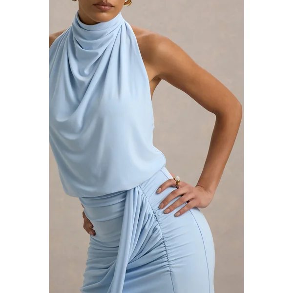 Hayden | Robe Longue Bleue à Col Montant Drapée avec Fente