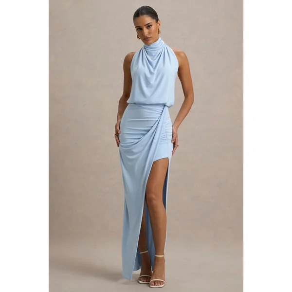 Hayden | Robe Longue Bleue à Col Montant Drapée avec Fente
