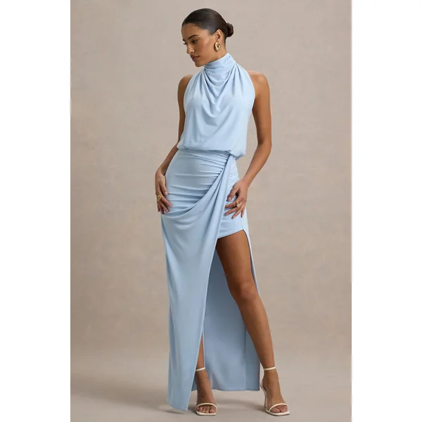 Hayden | Robe Longue Bleue à Col Montant Drapée avec Fente