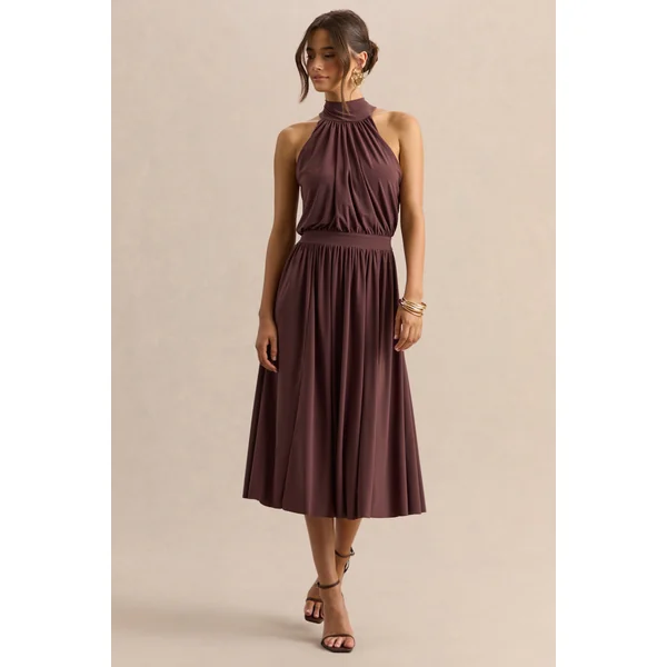 Hedira | Robe mi-longue marron à encolure haute