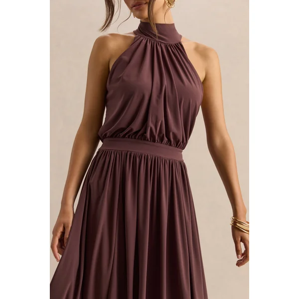 Hedira | Robe mi-longue marron à encolure haute