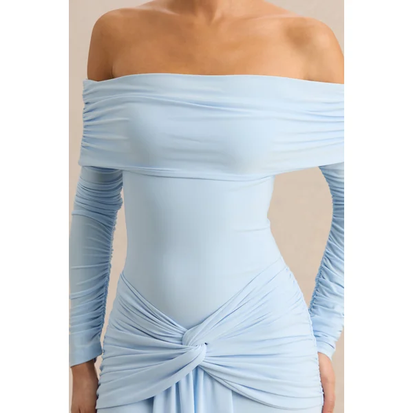 Helia | Body bleu à encolure Bardot avec manches longues froncées