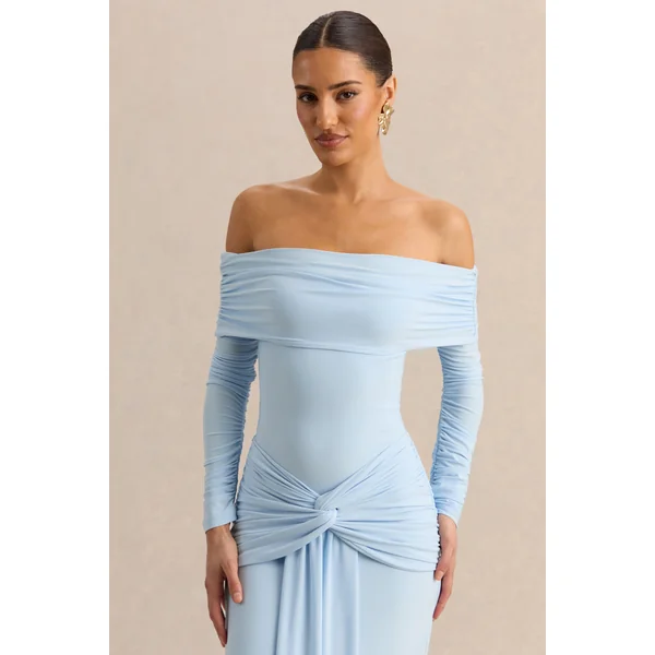 Helia | Body bleu à encolure Bardot avec manches longues froncées