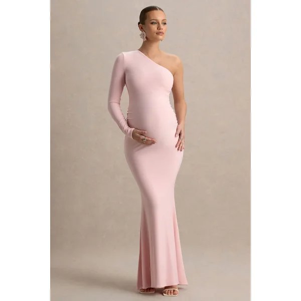 Heloise | Robe longue de maternité rose asymétrique à une manche