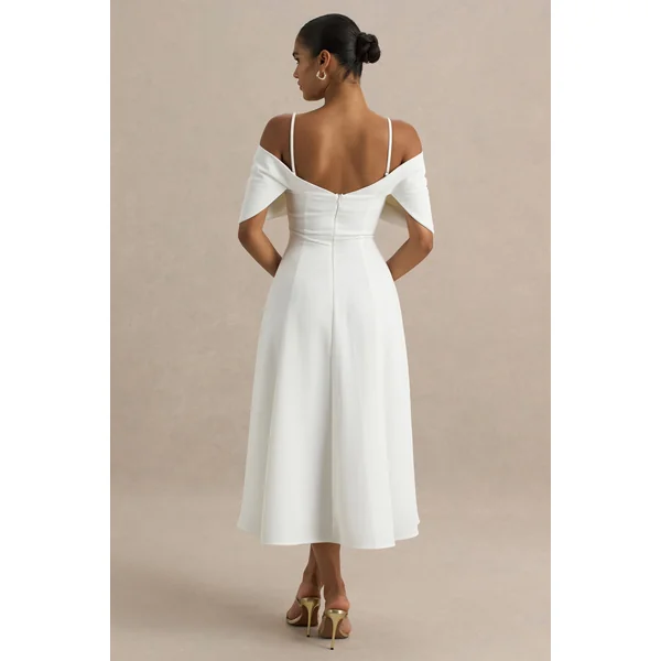 Hettie | Robe mi-longue blanche épaules dénudées à manches courtes avec détail nœud