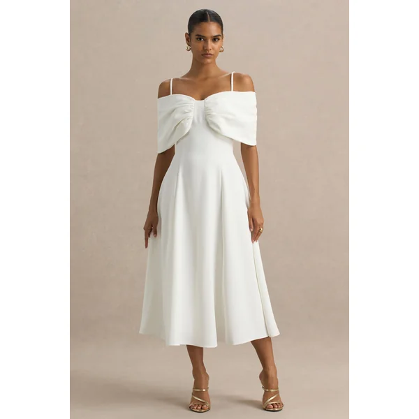 Hettie | Robe mi-longue blanche épaules dénudées à manches courtes avec détail nœud