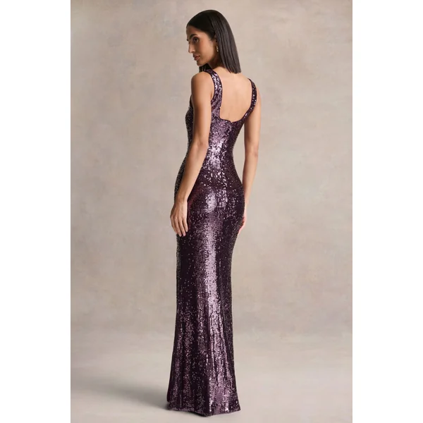 High Life | Plum Sequin Square-Neck Maxi Dress With Front-High Split