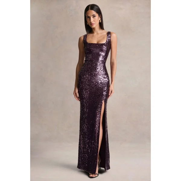 High Life | Plum Sequin Square-Neck Maxi Dress With Front-High Split