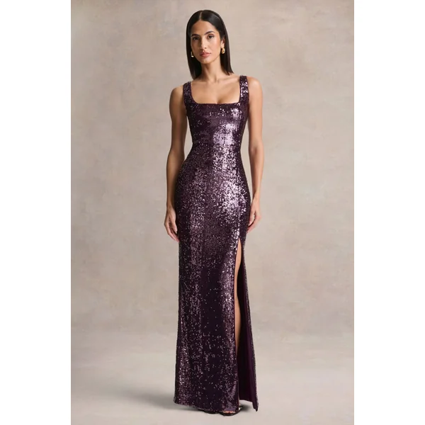 High Life | Plum Sequin Square-Neck Maxi Dress With Front-High Split