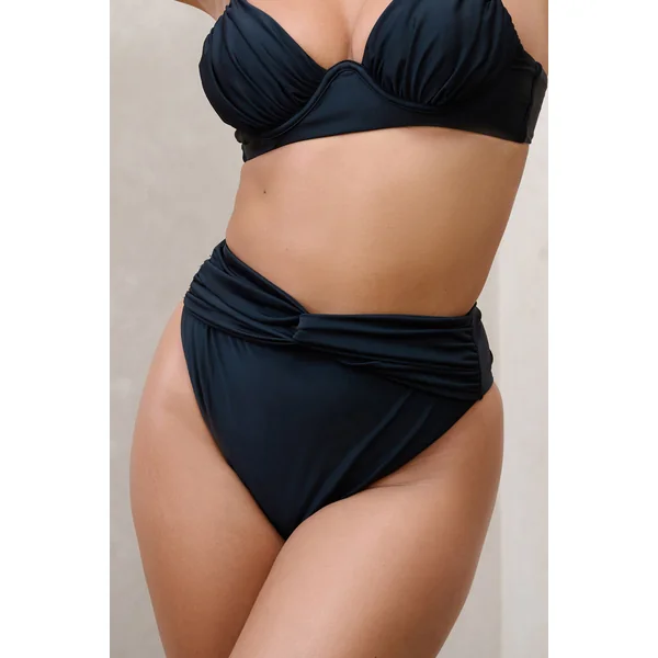 High Tide | Bas de bikini noir taille haute torsadé sur le devant