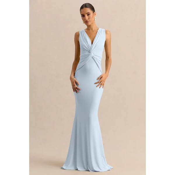 Holly | Robe longue bleu poudré à décolleté plongeant avec détail torsadé