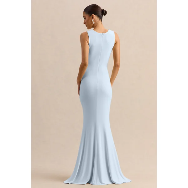 Holly | Robe longue bleu poudré à décolleté plongeant avec détail torsadé